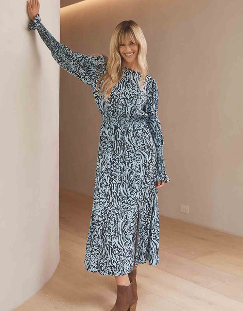 sass-clothing-luna-balloon-sleeve-midi-dress-with-leg-split-blue-animal-womens-clothing