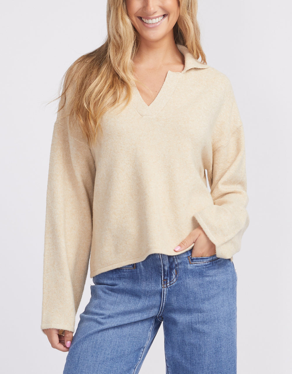 Doffy Long Sleeve Polo Knit - Irish Cream Melange