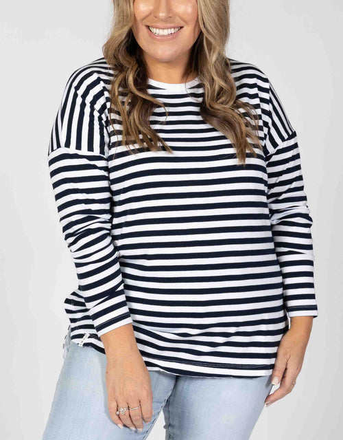 Elm Embrace Plus Size Society Stripe Long Sleeve Tee - Navy/White Stripe | Plus Size Clothing