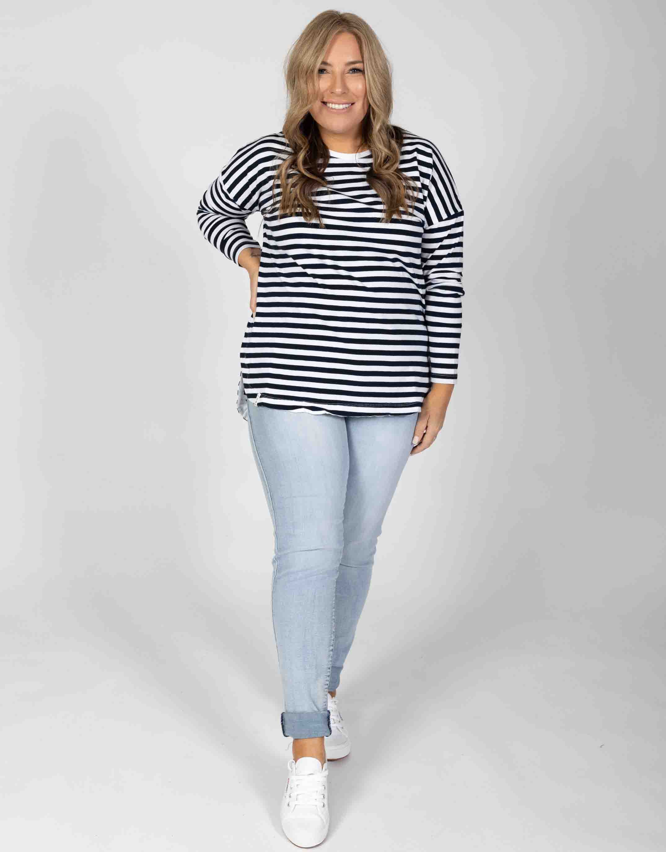 Elm Embrace Plus Size Society Stripe Long Sleeve Tee - Navy/White Stripe | Plus Size Clothing