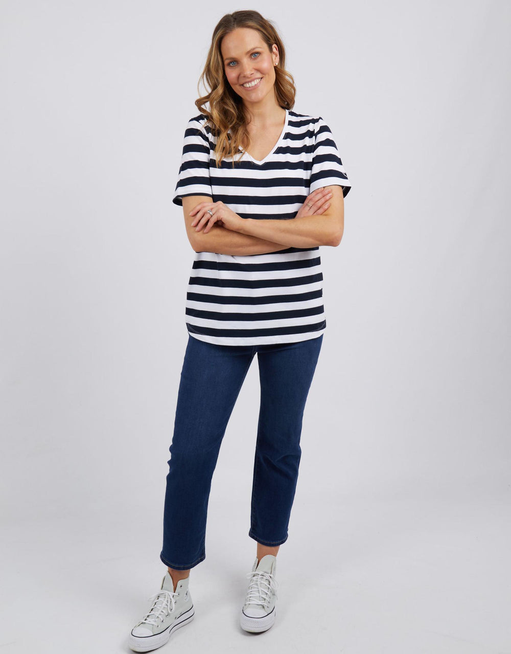 Fortune Stripe Vee Tee - Navy/White Stripe