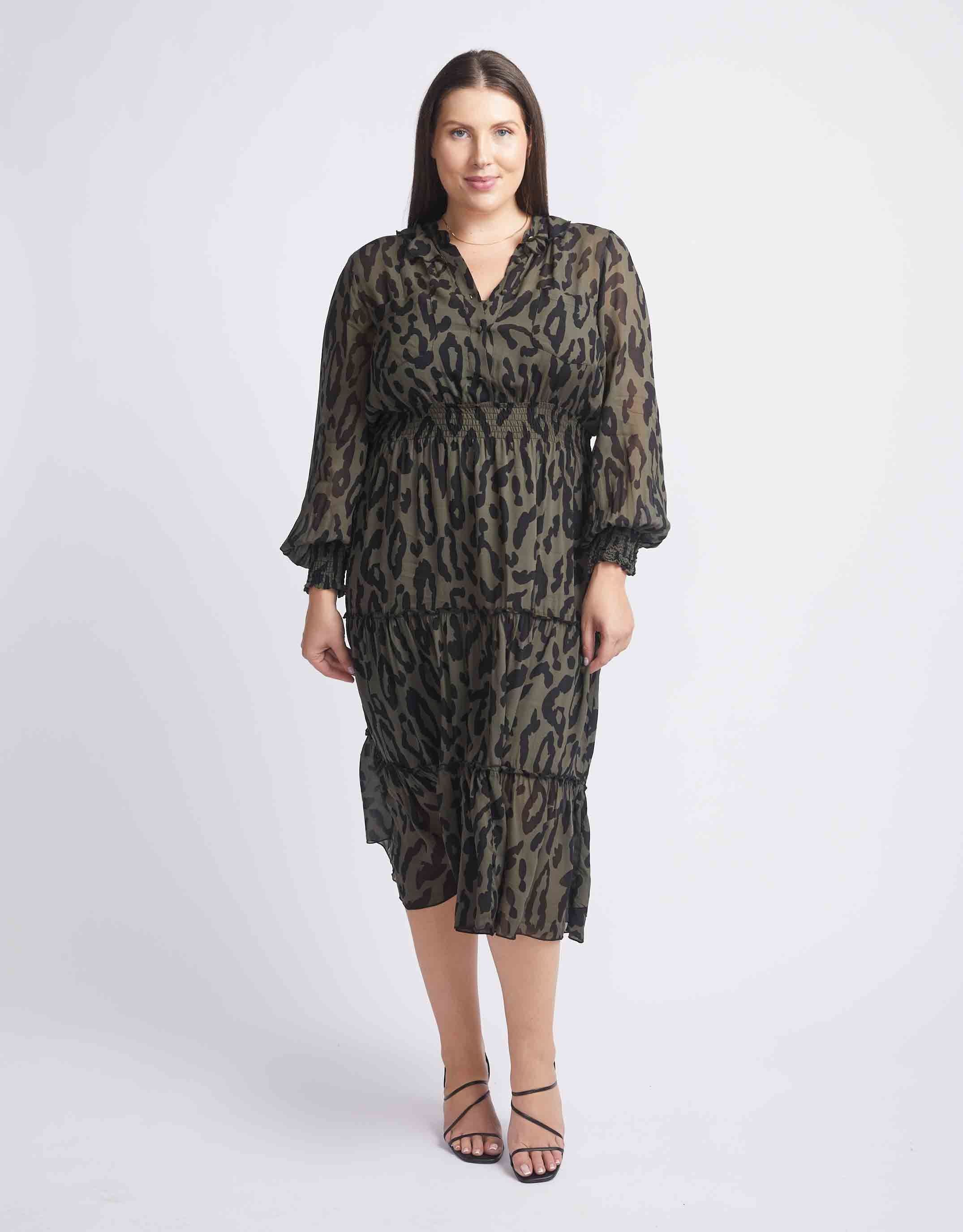 fate-and-becker-plus-size-dreaming-frill-neck-tiered-midi-dress-khaki-animal-womens-plus-size-clothing