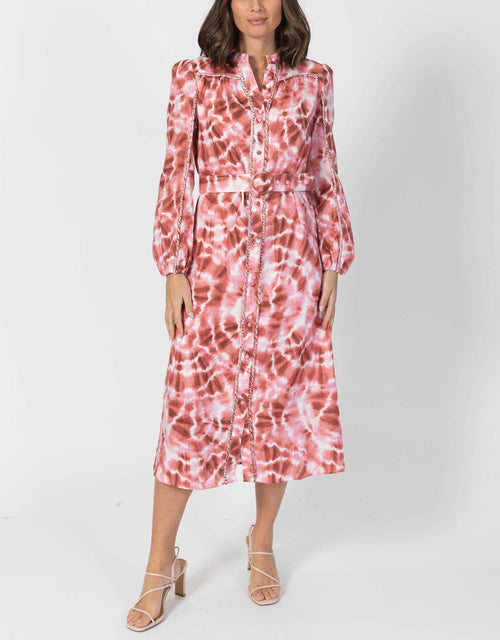 Lorena Belted Linen Long Dress - Coral
