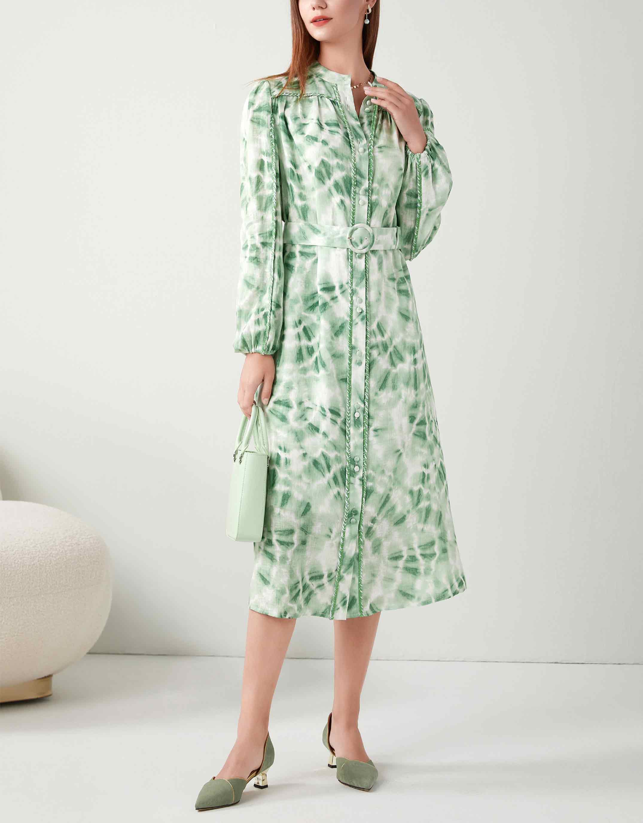 Lorena Belted Linen Long Dress - Green