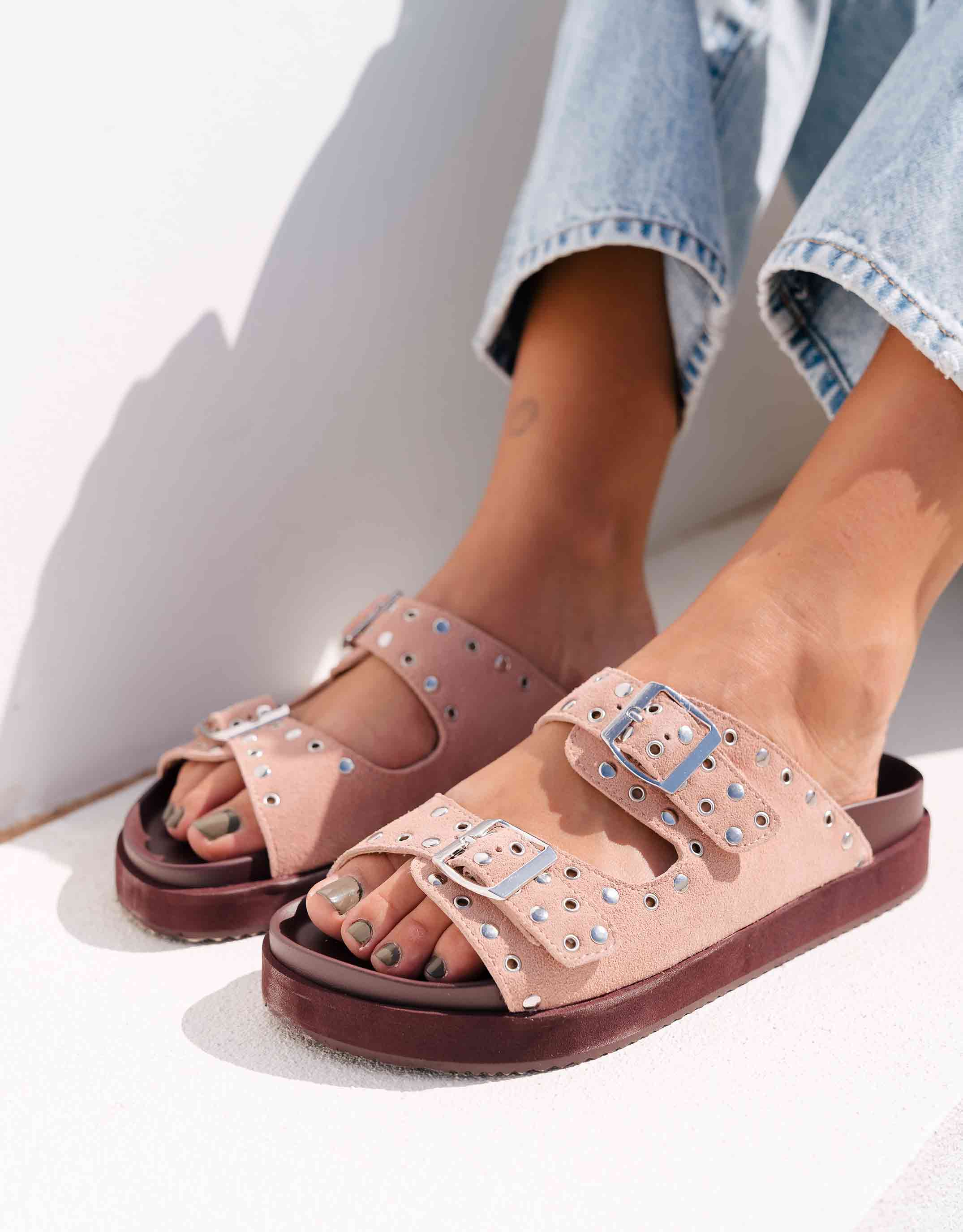 Maggie Leather Slides - Pink Suede