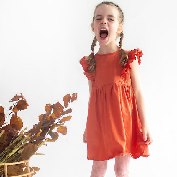 Frill Sleeve Kids Dress in Terracotta Organic Cotton