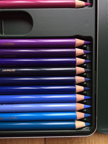 Coloured pencils in graduated shades of blue