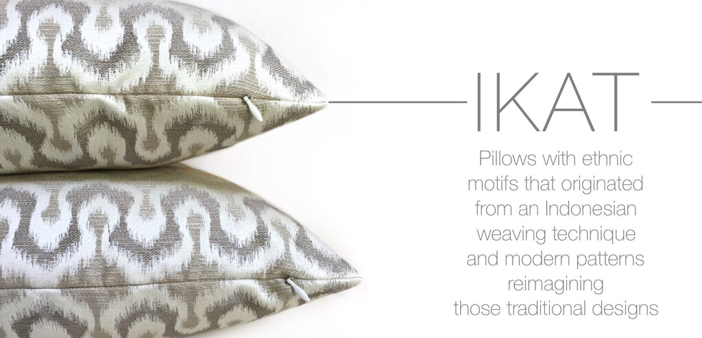 Ikat Pillows by Aloriam: Pillows with ethnic motifs that originated from an Indonesian weaving technique and modern patterns reimagining those traditional designs