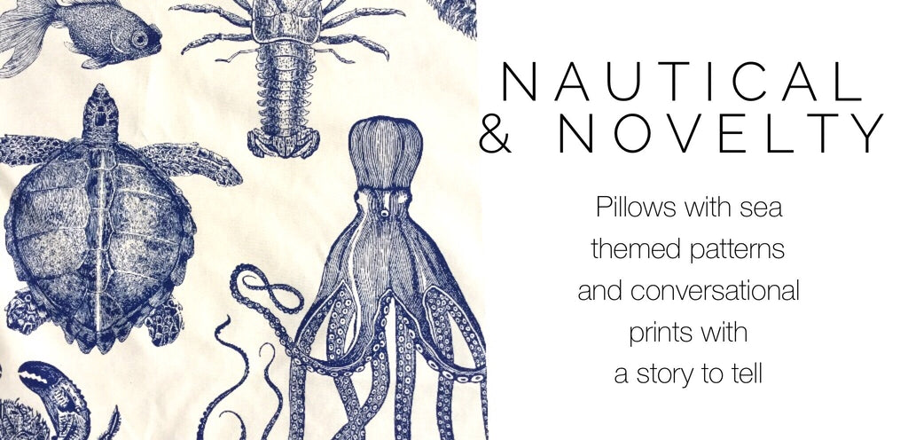 Nautical and Novelty Print Pillows by Aloriam: Pillows with sea themed patterns and conversational prints with a story to tell