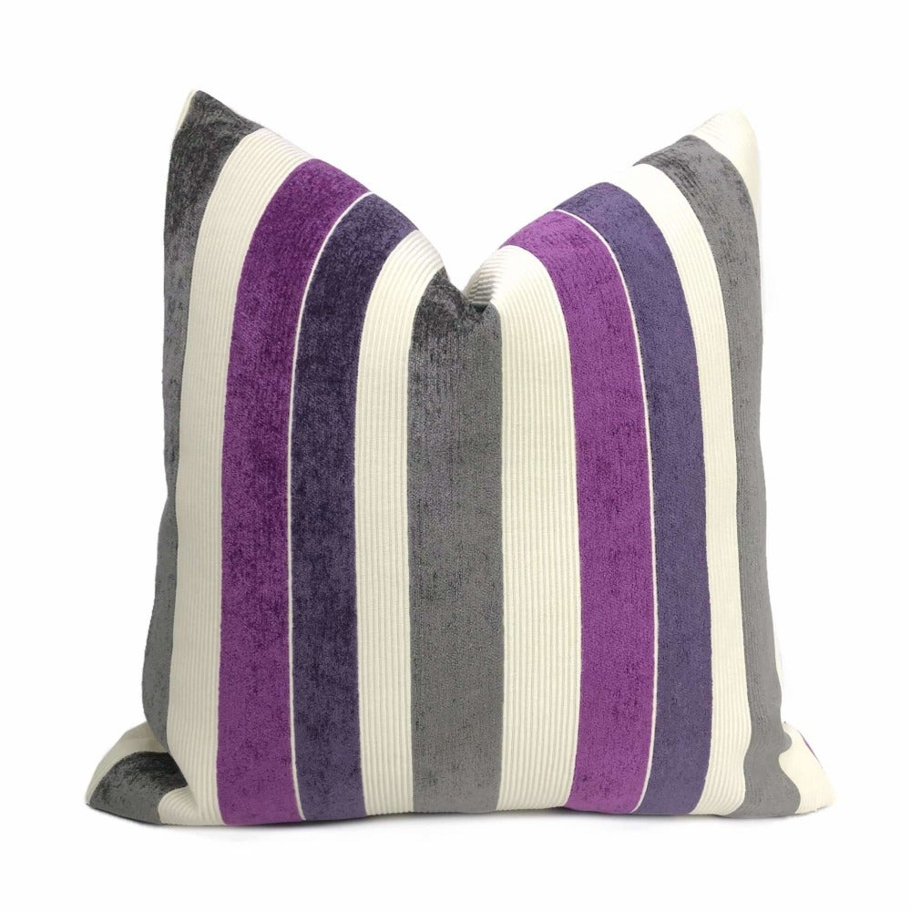 Bespoke Grey/ Beige/green And Purple Striped Velvet Cushion Cover 17x17”