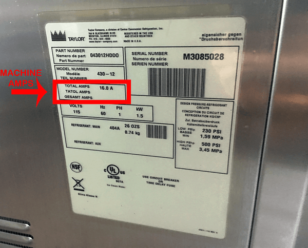 Taylor Ice Cream Machine data tag showing the serial number, model number, amperage (amps), and voltage (volts).