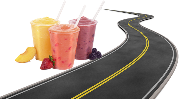 curving road with frozen beverages like frozen peach margarita frozen strawberry daiquiri & frozen blackberry vodka shake