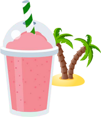 frozen drink slushie pink lemonade with palm trees and island in the background