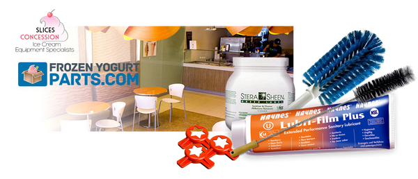 frozenyogurtparts.com logo with slices concession logo and machine cleaners, sanitizers, lubricants, and brushes