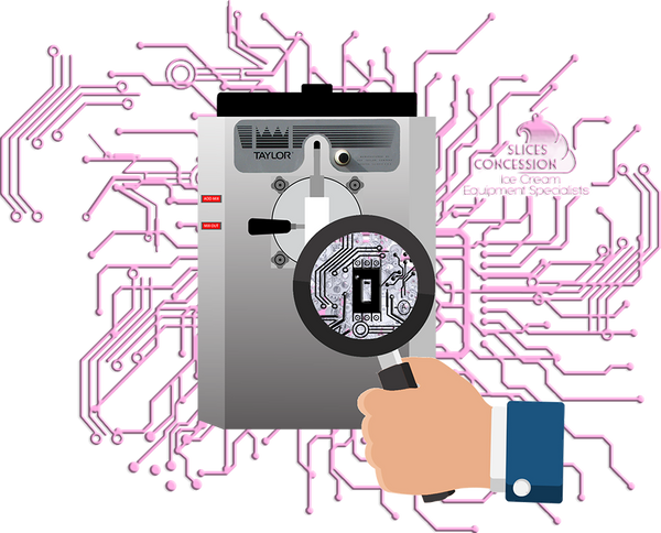 slices concession taylor 430 frozen beverage frozen drink margarita machine with hand using magnifying glass to see electrical circuit breaker inside