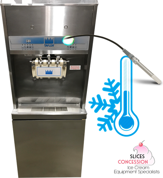 taylor 8756 soft serve frozen yogurt machine with temperature probe thermometer and snowflake cold symbol with slices concession logo