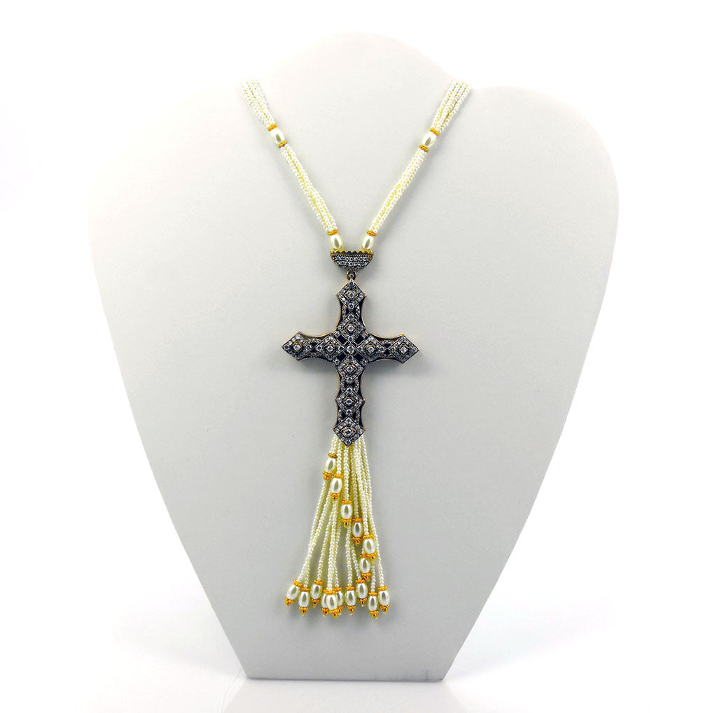 Collar Turco - Cruz con Cristales Blancos - Color Blanco - Broche Plateado