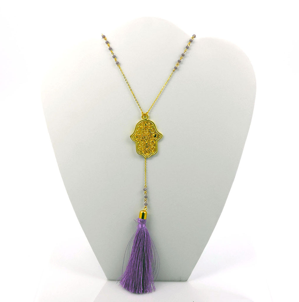 Collar Turco - Piedras, Mano de Fátima y Flecos Lilas - Color Dorado