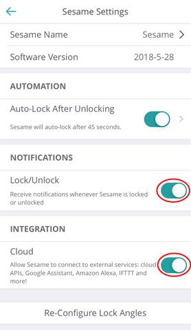 turn on sesame notifications and cloud integration