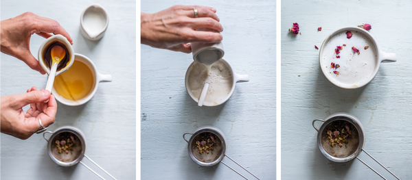 Honey and warm milk being poured into Indian Rose Garden tea