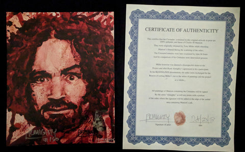 Charlie / Charles Manson human blood ash / cremains print with COA by Ryan Almighty