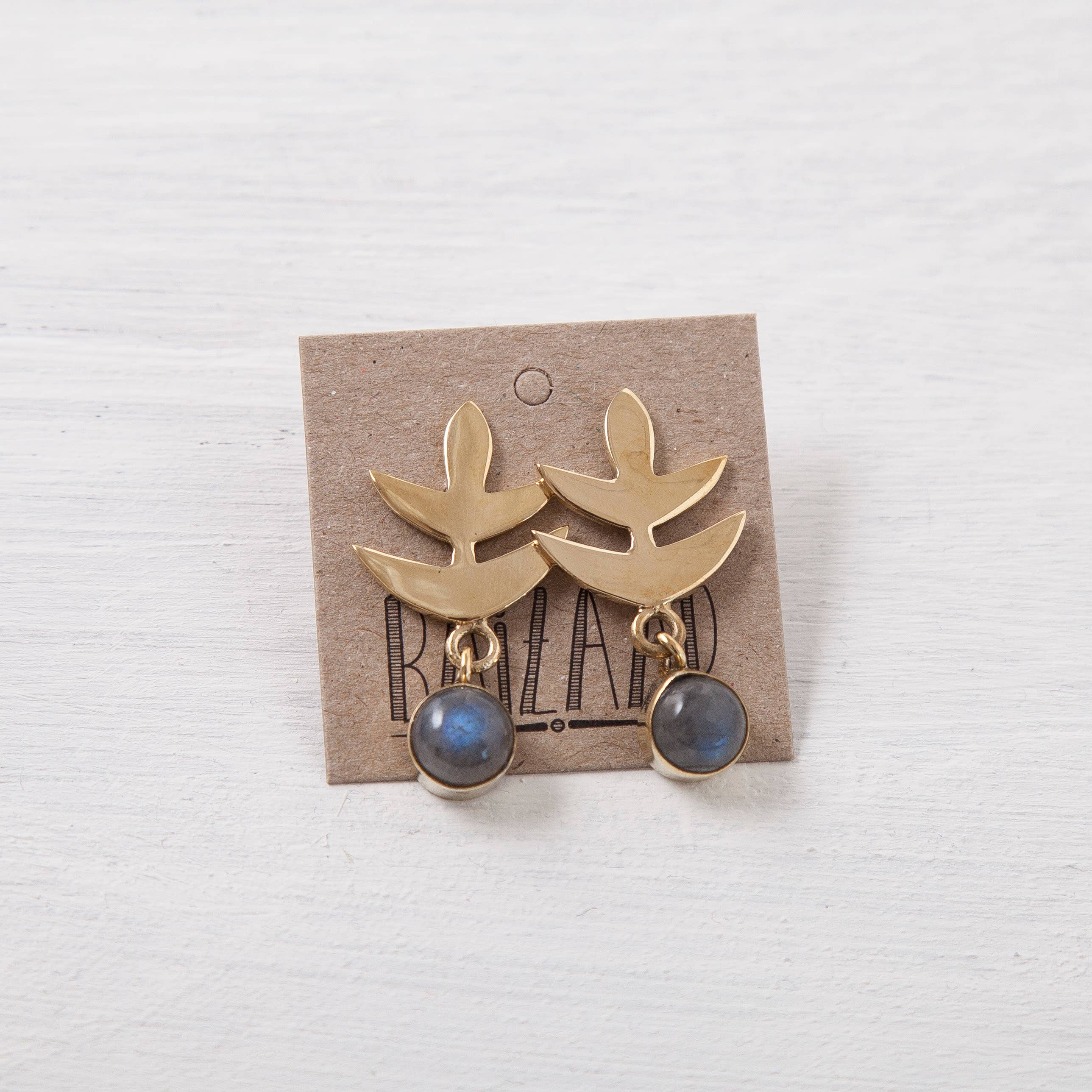 Brass Labradorite Leaf Earrings