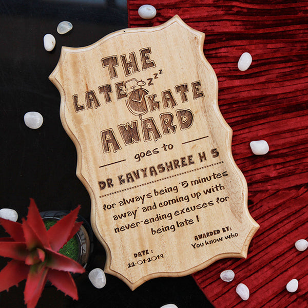 The Late Kate Award Certificate - Certificate Design Online - Gifts For Her - Wood Certificate Plaque - Personalized Certificates - Wooden Gifts - Unique Gift Ideas For Girlfriend - Woodgeek - Woodgeekstore