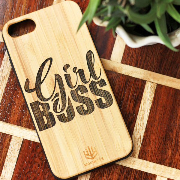 Girl Boss Wooden Phone Case - Wood Cell Phone Case - Design Phone Covers - Wood Team - Gifts For Ladies - Best Wood Cases - Carved Solid Wood Case -  Best Iphone Backcover - Woodgeek - Woodgeekstore