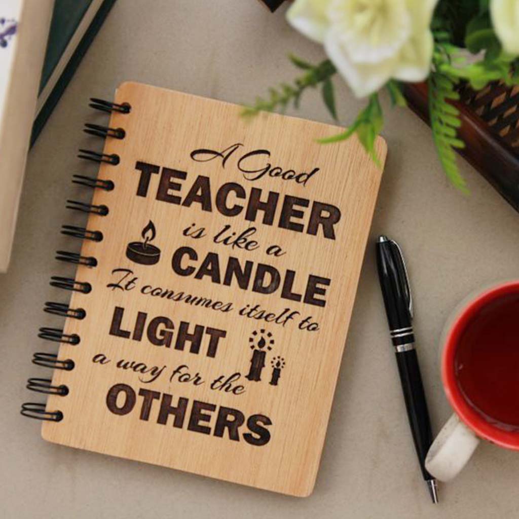 A Good Teacher Is Like A Candle Personalized Journal. This Journal Notebook Is One Of The Best Gifts For Teachers. This Makes Unique Teacher's Day Gifts For Him Or Her.