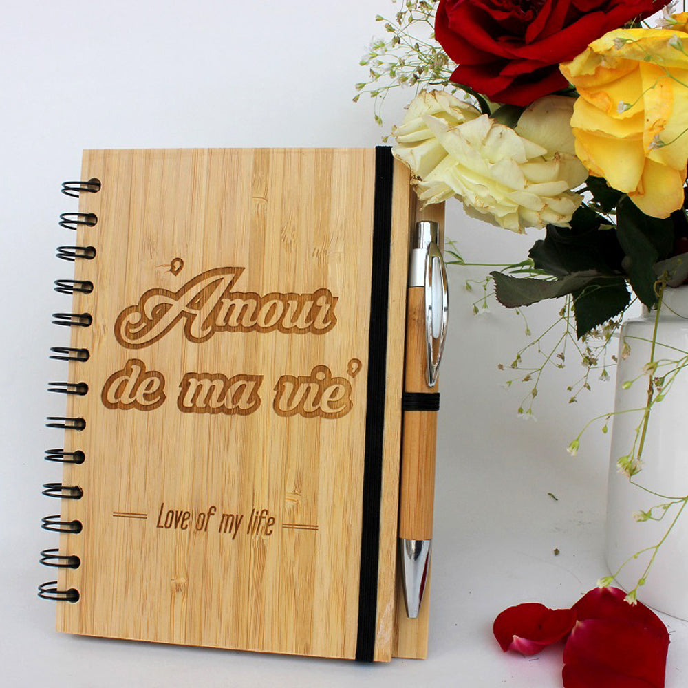 Amour De Ma Vie Wooden Love Journal -  Valentine's Day Gift Ideas - Engraved Notebook - Best Notebooks For Writing - Romantic Gifts For Him - Romantic Gifts For Her - Valentine's Day Gifts - Unique Gift Items - Woodgeek - Woodgeekstore