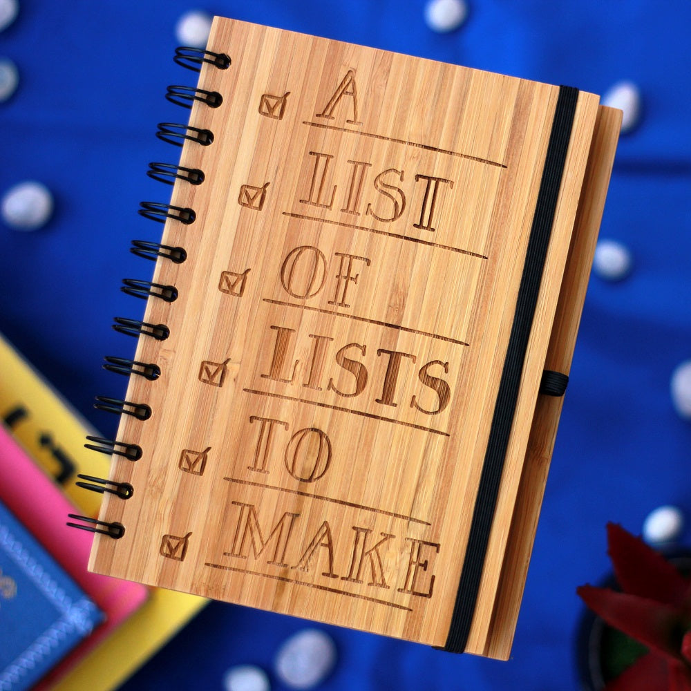 A List Of Lists To Make - A List Making Journal For To-Do Lists - A Listography Journal For All The Lists To Make For Yourself - A spiral notebook made of bamboo wood for all the random lists to make - Woodgeek Store