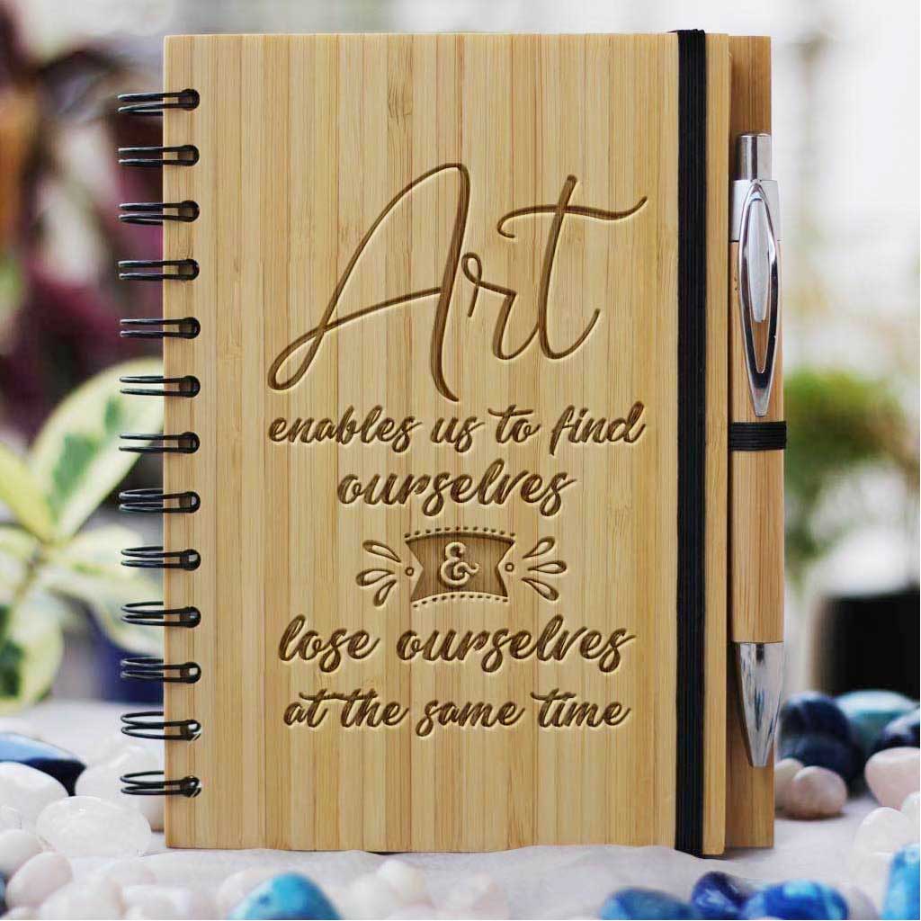 Art Enables Us To Find And Lose Ourselves Wooden Notebook - This Personalized Art Journal Makes A Perfect Gift For Mum - Buy More Personalized Mother's Day Gifts From The Woodgeek Store