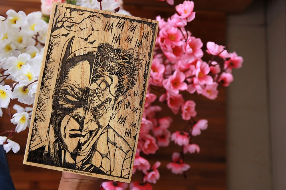 Batman and Joker engraved wood poster - wooden posters online - movie posters - unusual birthday gifts - cool birthday gift ideas - best friend birthday gifts - batman poster - batman poster art - wooden posters online - woodgeekstore