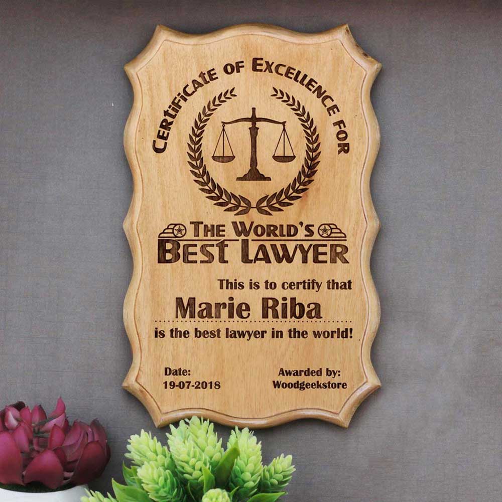 The Best Lawyer Certificate and Award - Certificate of Recognition - Certificate Designs - Best Lawyer Award - Best Lawyer Wooden Certificate - Wooden certificate plaque - Wood carved gifts - personalized wood gifts - WoodGeek Store