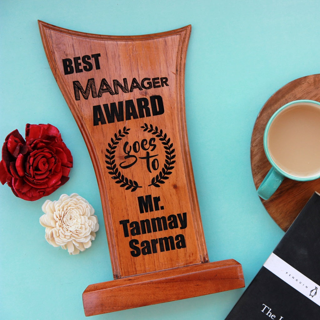 Personalized Best Manager Wooden Award Standee - This award trophy makes a wonderful employee recognition award - Looking for unique gift ideas for boss, or colleagues? This personalized trophy stand is one of the best office gift ideas