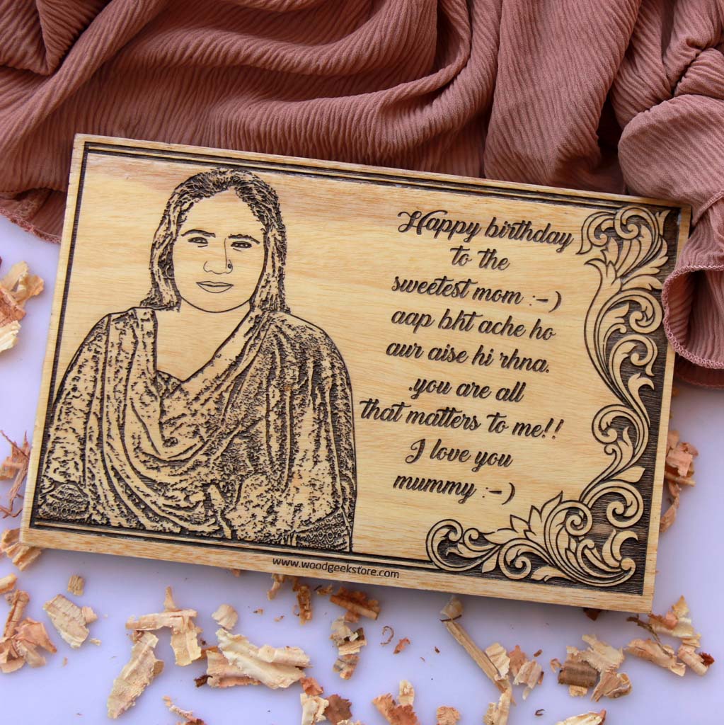 Photo engraving on wood and a carved birthday message makes best birthday gifts for mom. A gift for mother engraved with a photo on wood. Looking for gifts for mom? This Personalised Gift Is Perfect!