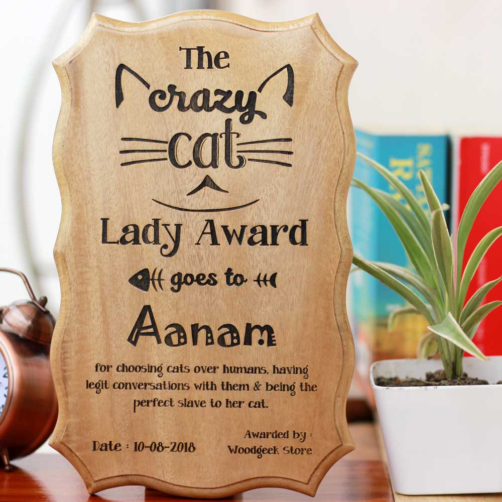 Crazy Cat Lady Wooden Certificate of Recognition - Unique personalized gifts for cat lovers - Gifts for animal lovers - Birthday gift idea - gifts for birthdays - funny wooden certificates - certificates and awards - custom made wood engraved award - personalized funny awards - certificate for cat lady - WoodGeek Store