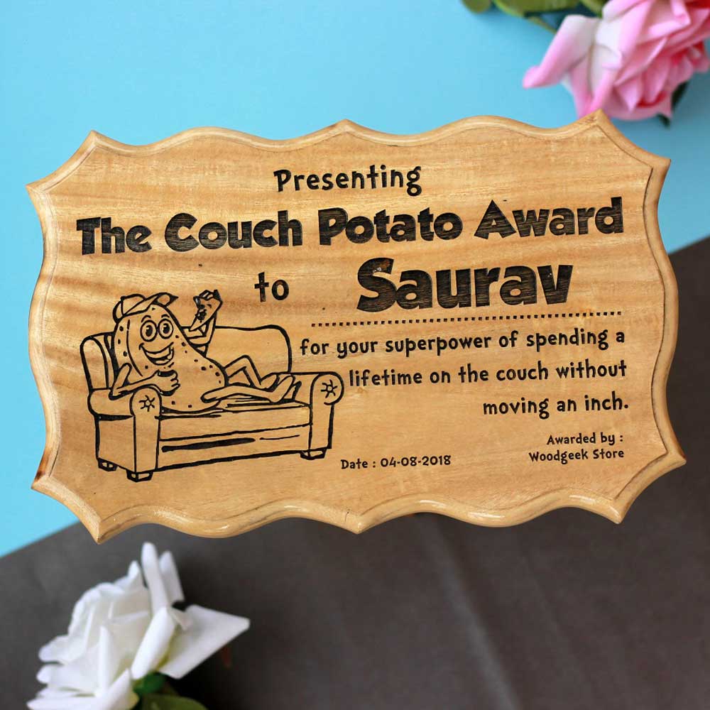 The Couch Potato Award - Funny certificates - custom made certificate - certificate plaque - wooden gifts for friends - gift ideas for friends - birthday gift idea for a lazy friend - recognition certificate plaques - WoodGeek Store