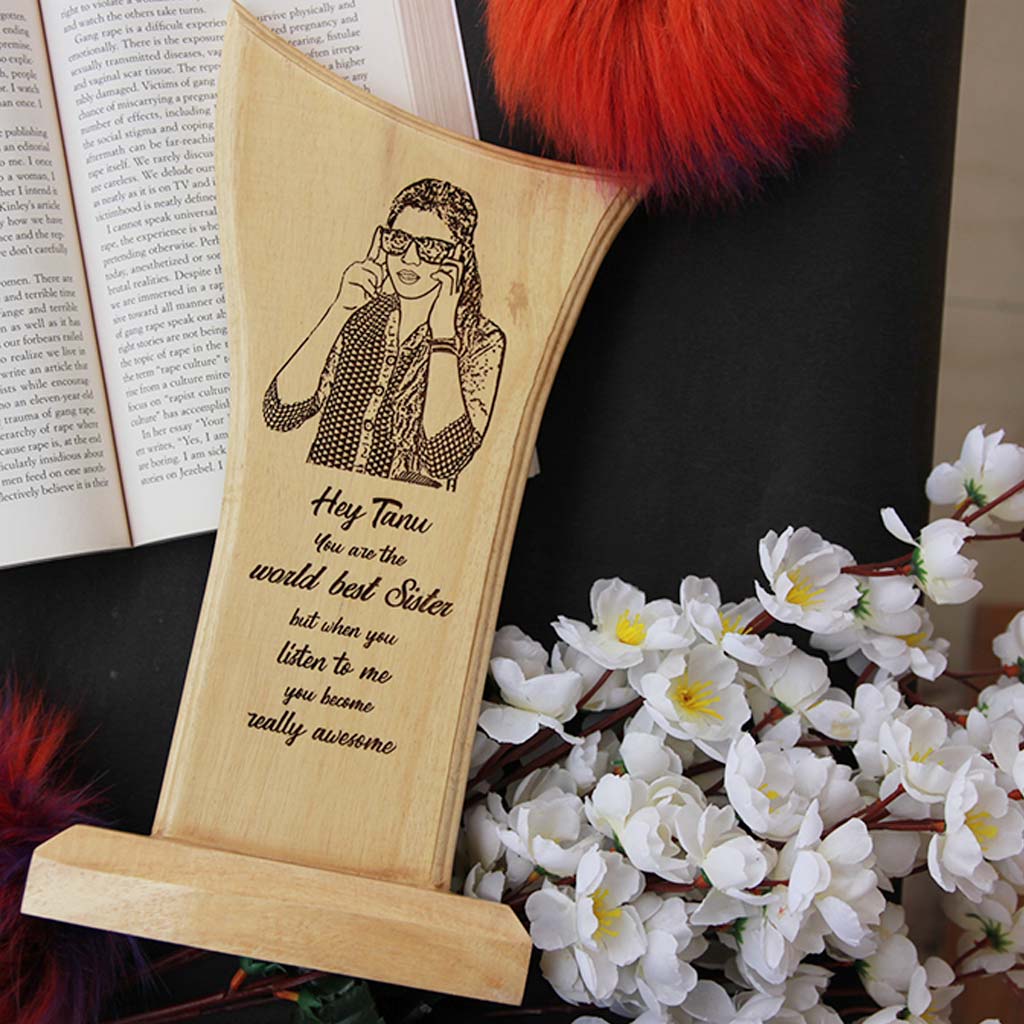 A Custom Wooden Award Standee For Sister. This Engraved Wooden Photo Plaque Makes A Great Rakhi Gift For Sister. Get More Rakhi Special Gift Ideas From The Woodgeek Store.