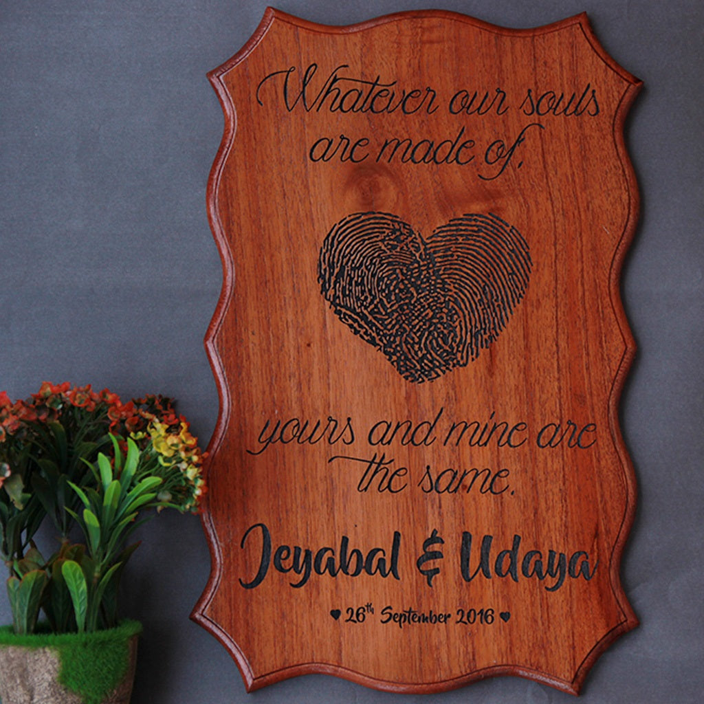 Fingerprint Heart Love Sign - Thumbprint Custom Wood Sign - Whatever our souls are made of his and mine are the same - Wedding gifts for bride from groom - Woodgeek Store