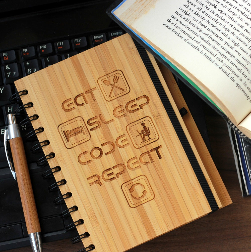 Eat Sleep Code Repeat Engraved Bamboo Notebook - wood products - wooden products online - Notebook Journals - Gifts for friends - things made out of wood - unique gifts ideas - woodgeekstore