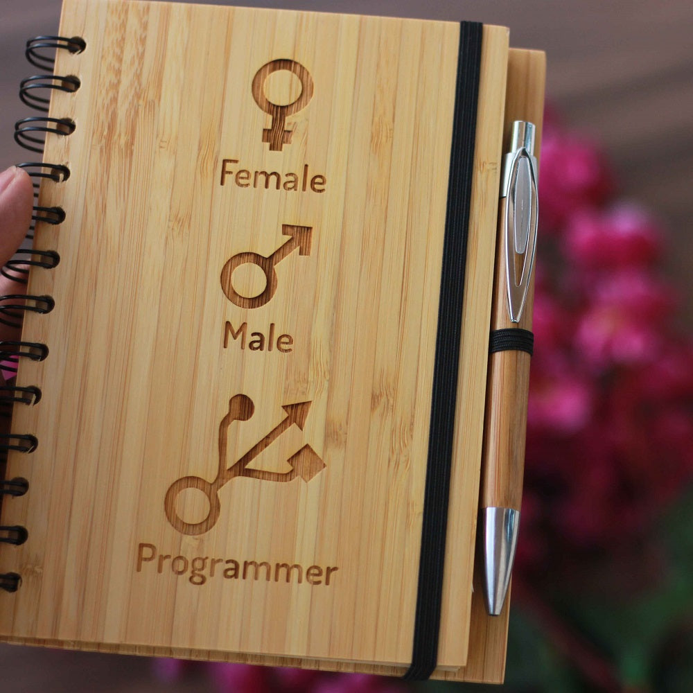 Male female programmer Wooden Notebook Journal - Notebooks for Programmers - programmer's notebook - programming notebook - gifts for computer nerd - woodgeekstore