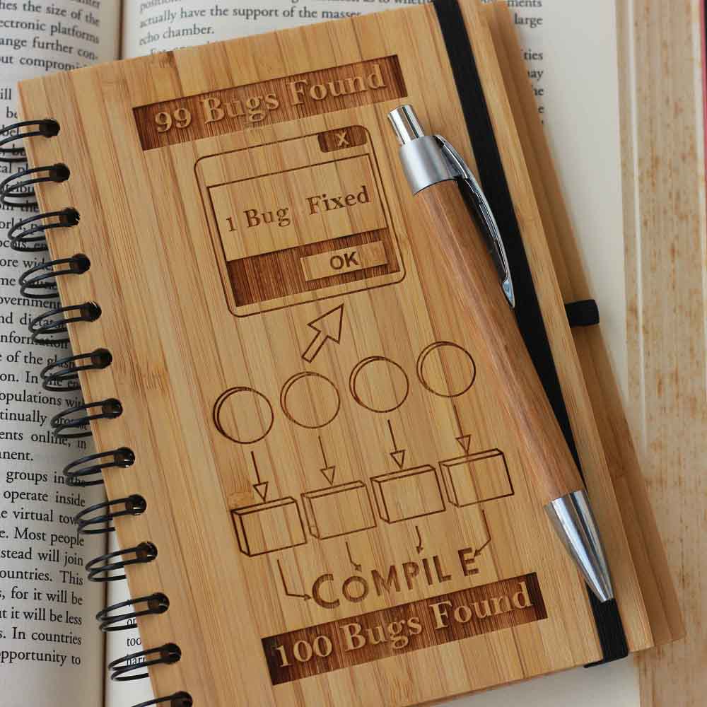 Bugs Wooden Notebook Journal - notebooks online - notebooks for sale - Coders notebook - Gifts for coders - bamboo notebook - wooden notebook - Notebook Journals - Gifts ideas -  gifts for computer geeks - woodgeekstore