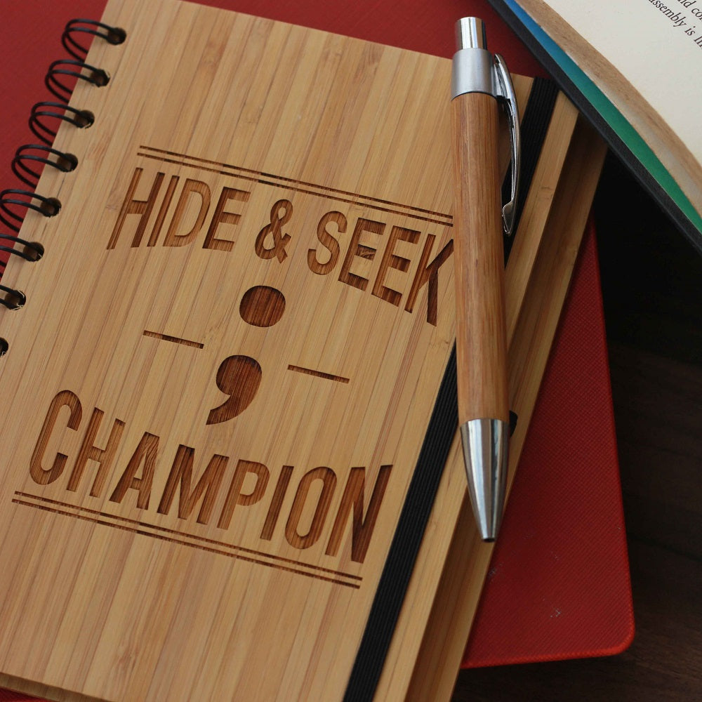 Semicolon: Hide & Seek Champion Wooden notebook - Gifts for coders - notebook journals - bamboo notebooks - wood bound notebooks - engraved stationary - products of wood - unique gift ideas - Birthday gifts for friends - woodgeekstore