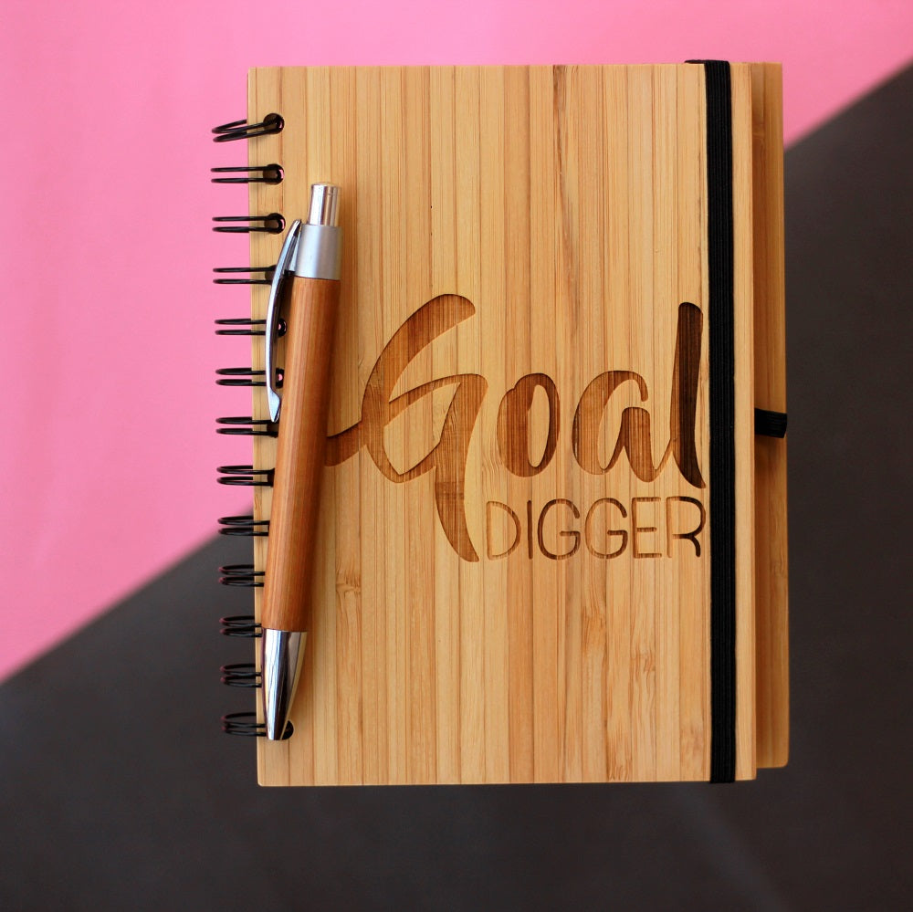 A Goal Digger Notebook To List Down Your Goals. A Custom Engraved Wooden Notebook For List Making.