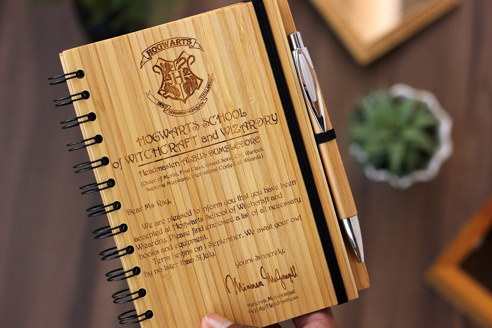 Customized Harry Potter Notebook. Engrave Your Hogwarts Acceptance Letter On Wooden Notebook from Woodgeek Store. Buy More Unique Gifts For Harry Potter Fans Online From The Woodgeek Store.