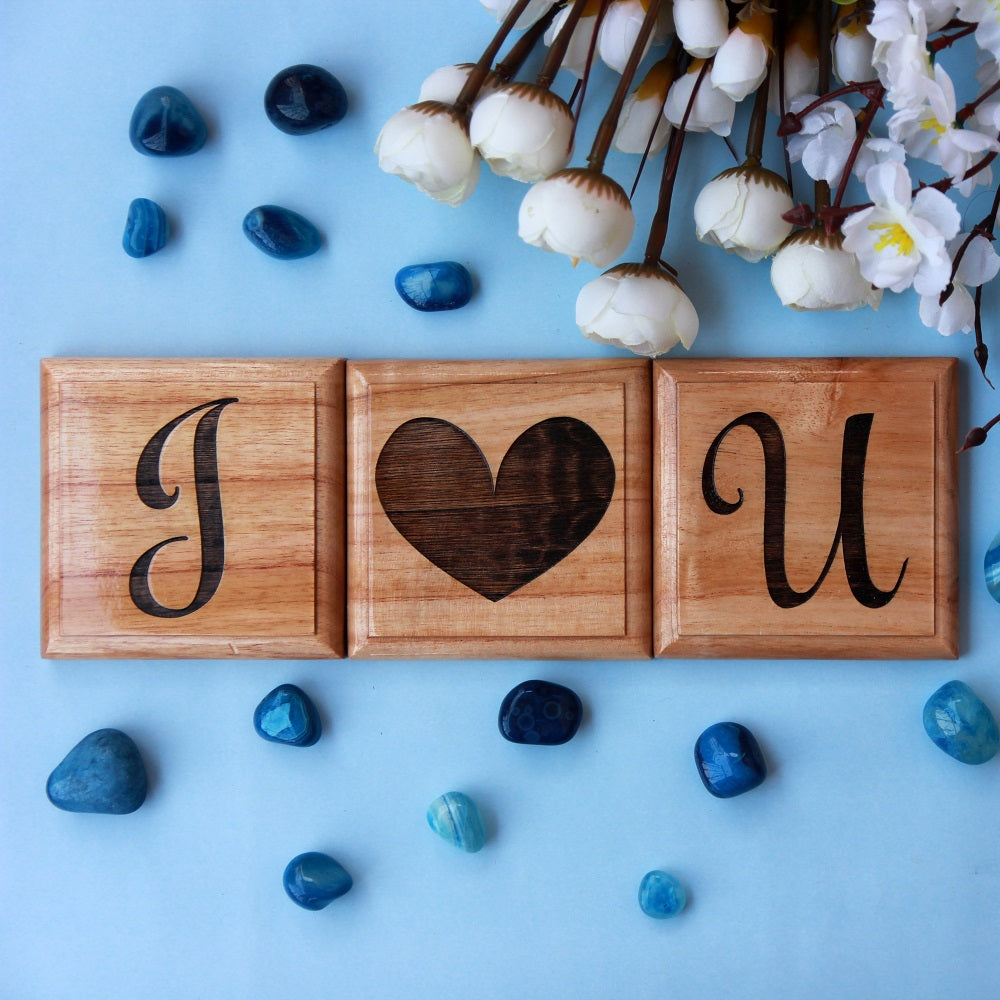 I Love You Wooden Crossword Blocks Make Unique Gifts For Valentine's Day Or Anniversary - These Personalized Wood Gifts Are Romantic Gift Ideas Which Your Special Person Will Cherish - Buy More Such Laser Engraved Wooden Products From The Woodgeek Store