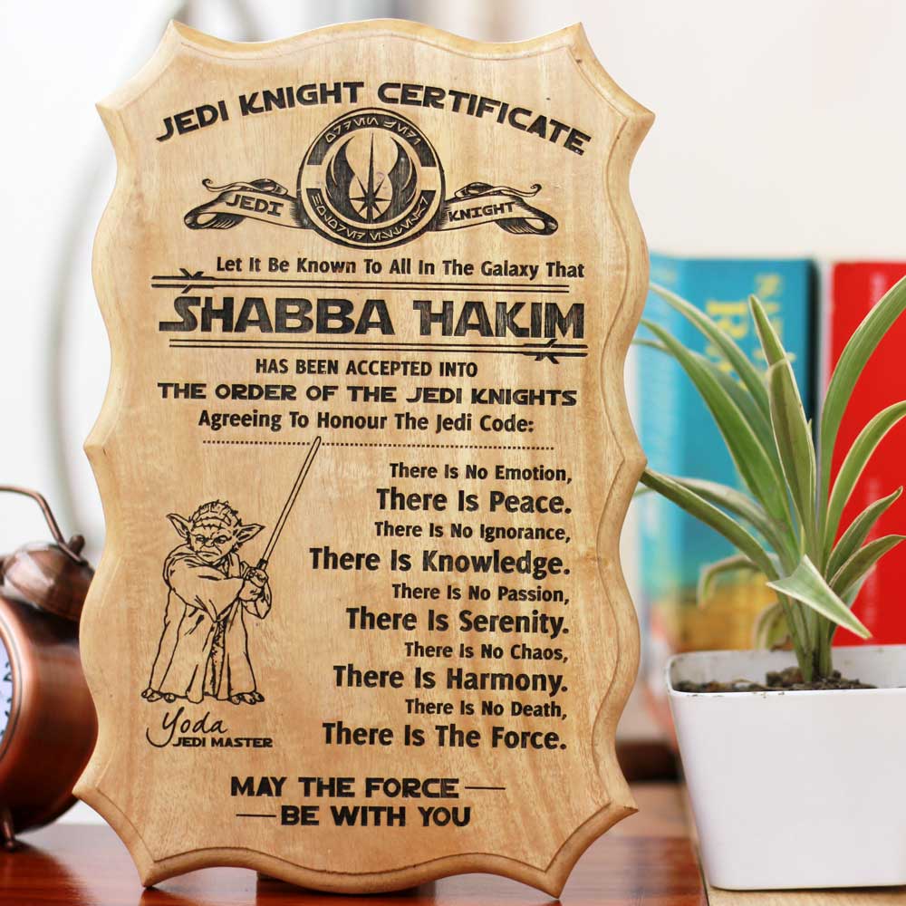 Jedi Knight Star Wars Certificate Award - Star war gifts - Gifts for star wars fans - friendship day gifts - gifts for siblings -  funny star wars gifts - funny wooden certificates - certificate designs - funny award certificates - wooden plaques - star wars wooden plaque - wooden plaque certificate - WoodGeek Store