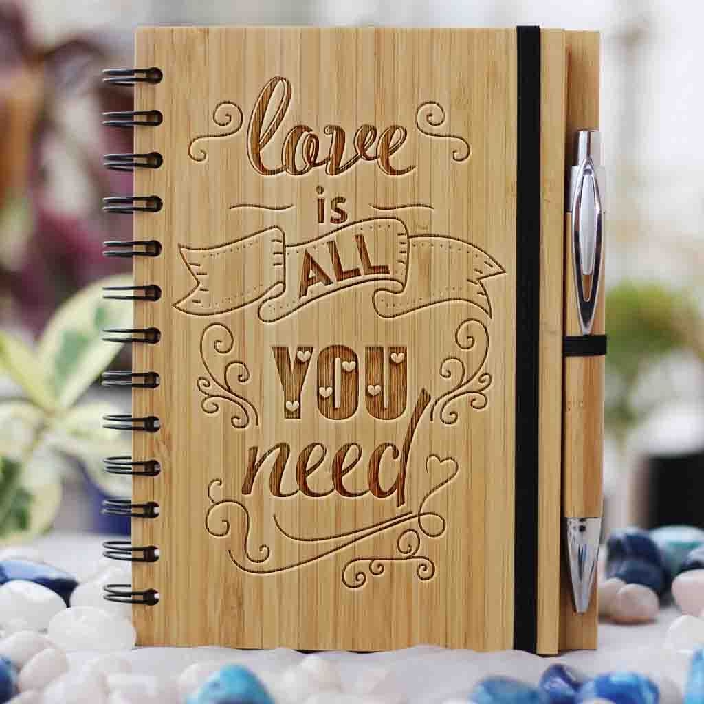 Love Is All You Need -  Buy Romantic Gifts Online - Personalized Notebook - Love Journal - Wooden Notebook - Custom Gifts for boyfriend - Personalized gifts for girlfriend - Woodgeek Store