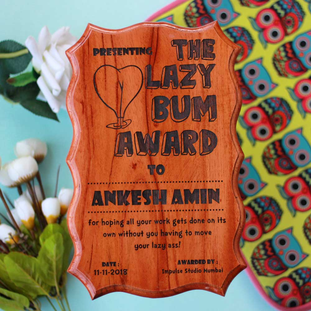 A Lazy Bum Award Certificate - Wooden Award Certificate - Wooden Certificate Plaque - funny certificates to gift - gift for friends - wood engraved gifts for friends - gift ideas for friends - gifts for siblings - Rakhi gift - gifts for friendship day - WoodGeek Store